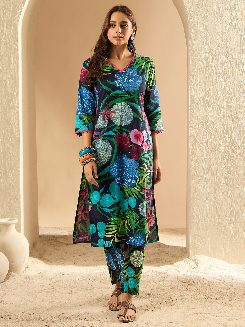 Indo Era Black Printed Straight Kurta Trousers set - Distacart