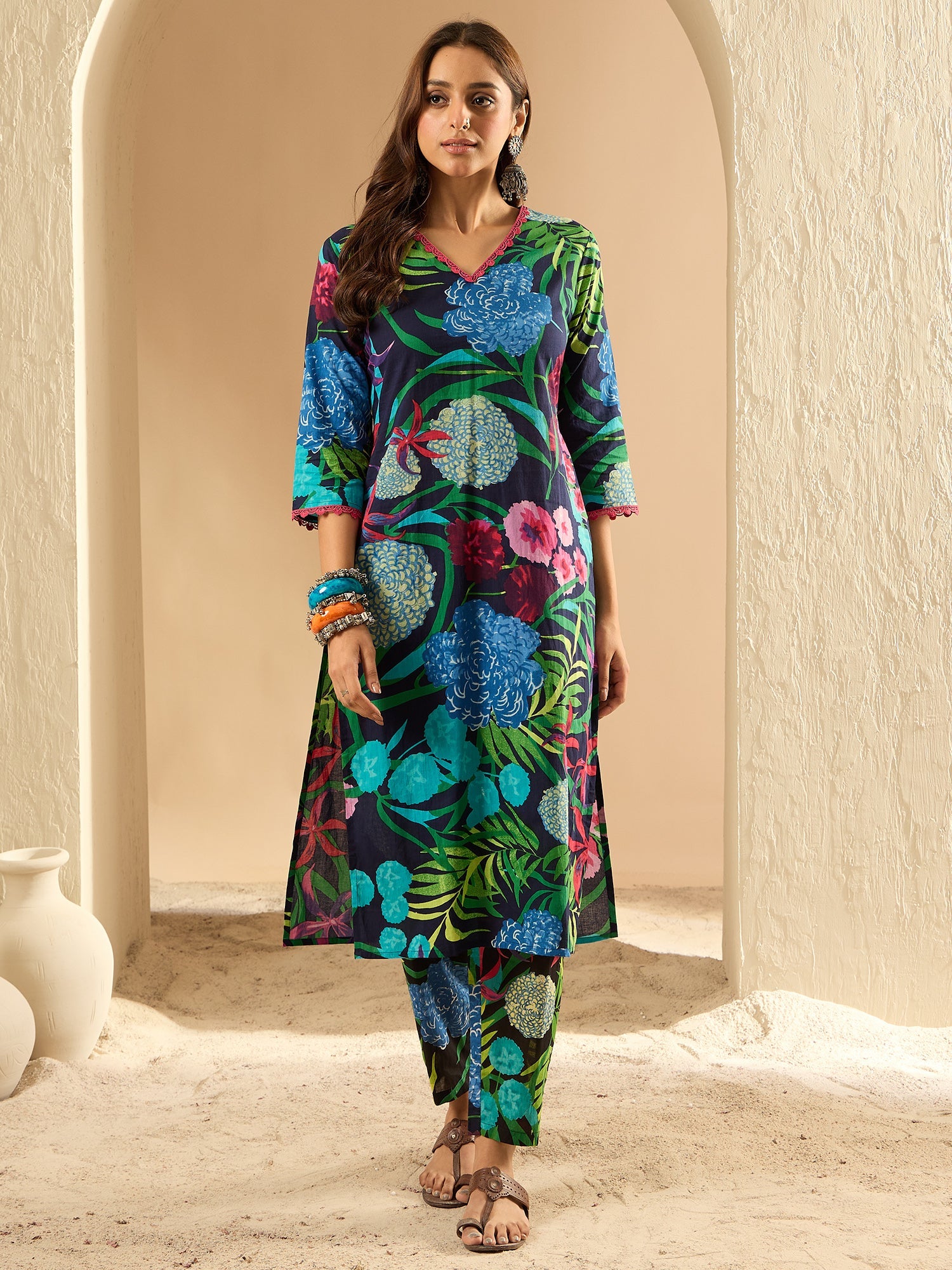 Indo Era Black Printed Straight Kurta Trousers set - Distacart