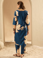 Indo Era Teal Printed Straight Kurta Trousers Set - Distacart