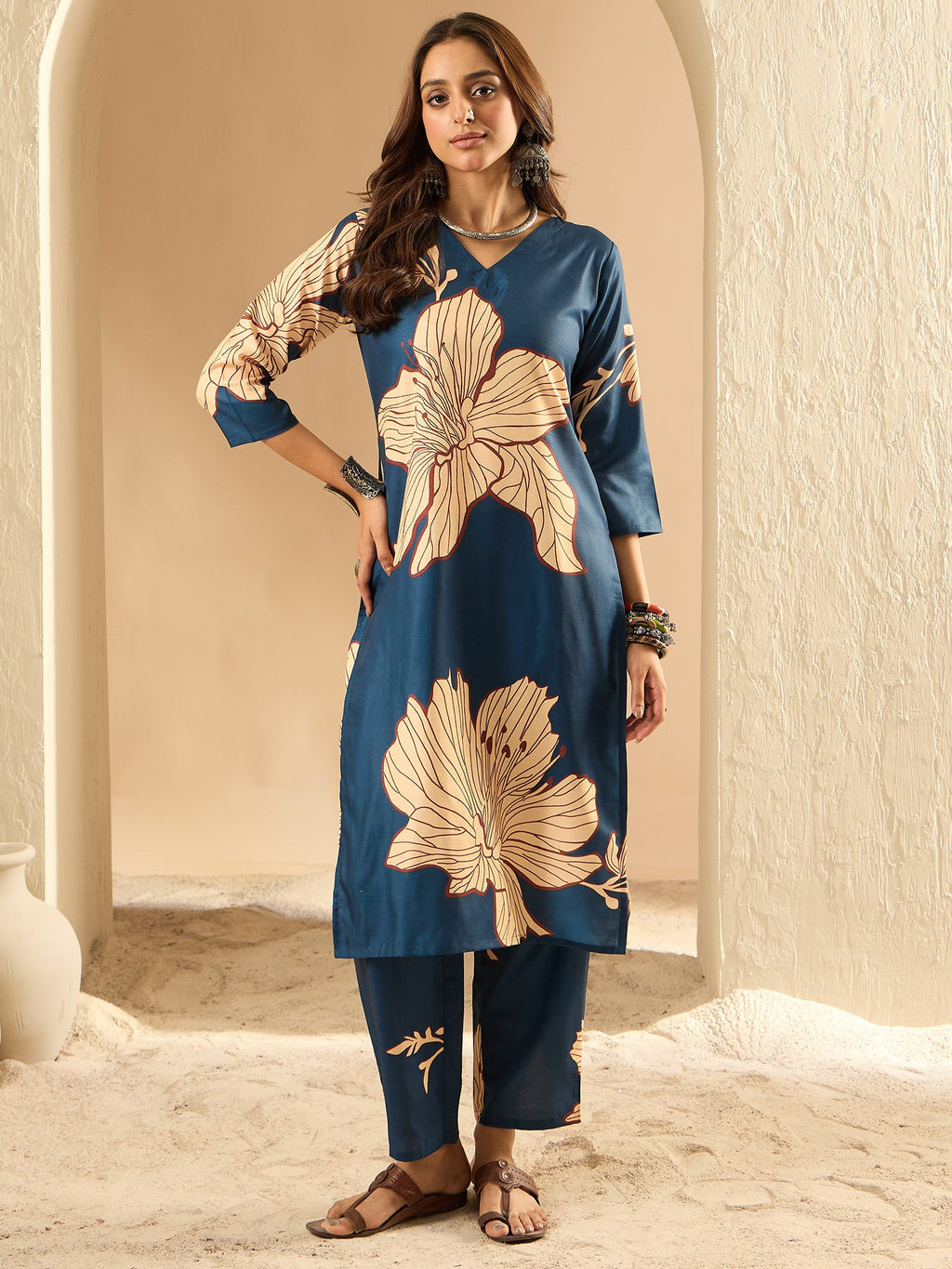Indo Era Teal Printed Straight Kurta Trousers Set - Distacart