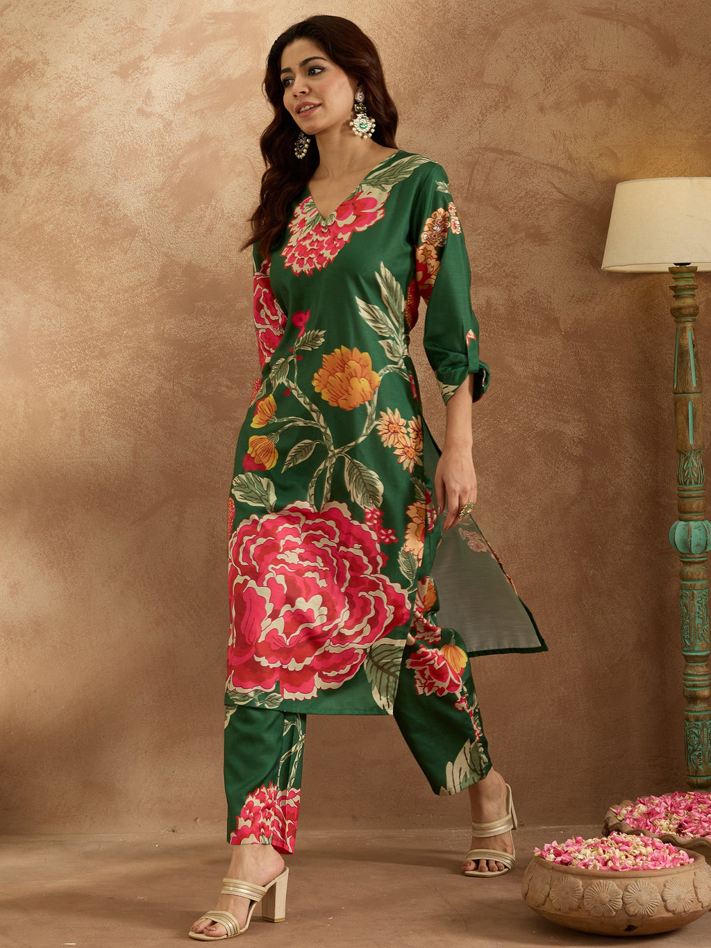 Indo Era Green Printed Straight Kurta Trousers Set - Distacart