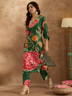 Indo Era Green Printed Straight Kurta Trousers Set - Distacart