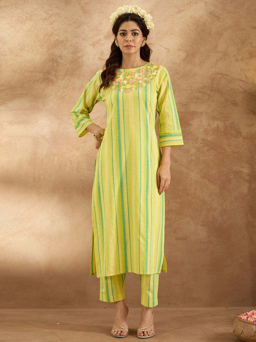Indo Era Yellow Embroidered Straight Kurta Trousers Set - Distacart