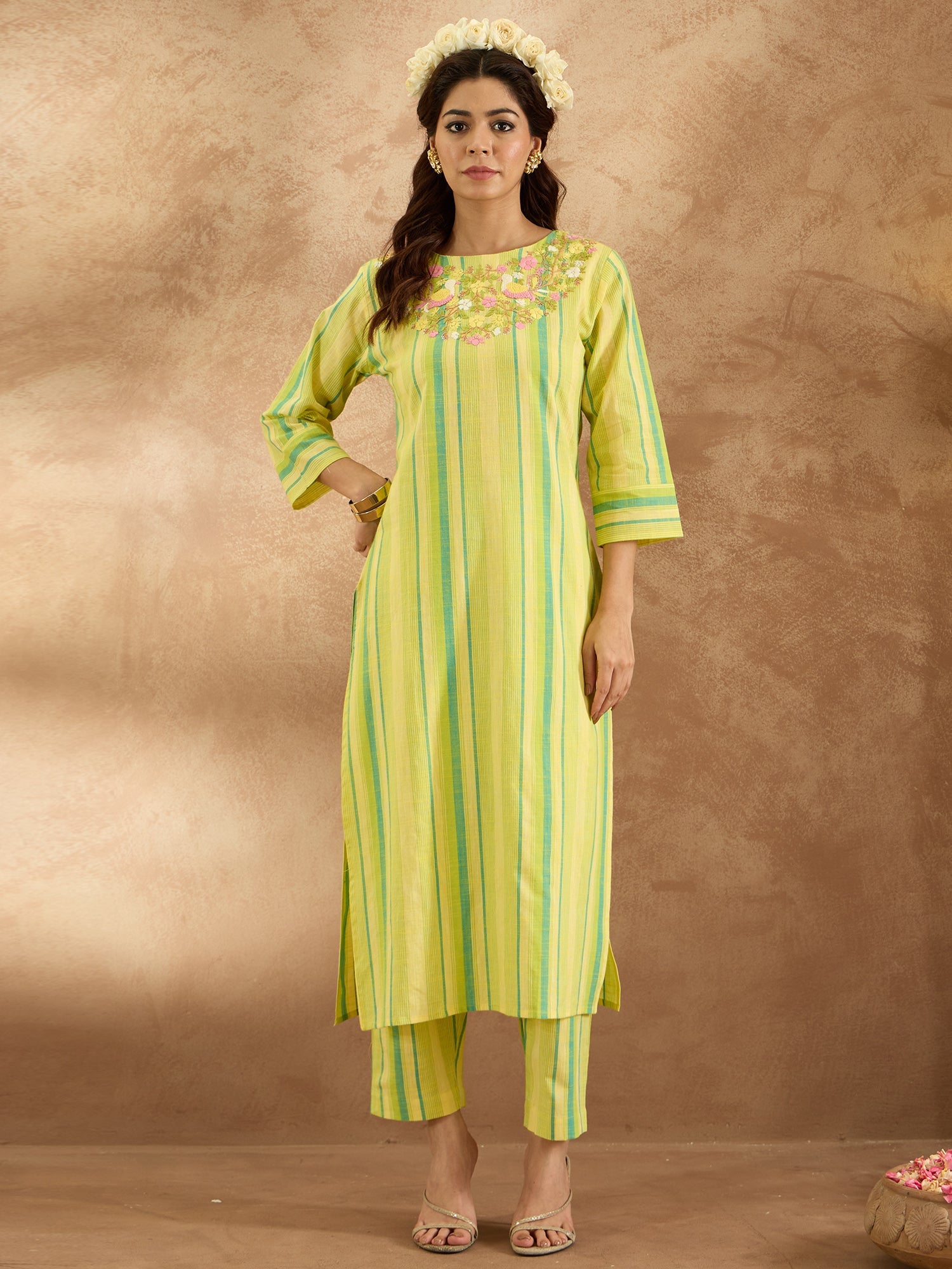 Indo Era Yellow Embroidered Straight Kurta Trousers Set - Distacart