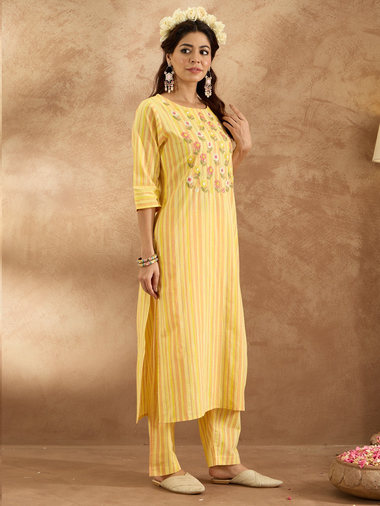 Indo Era Mustard Embroidered Straight Kurta Trousers Set - Distacart