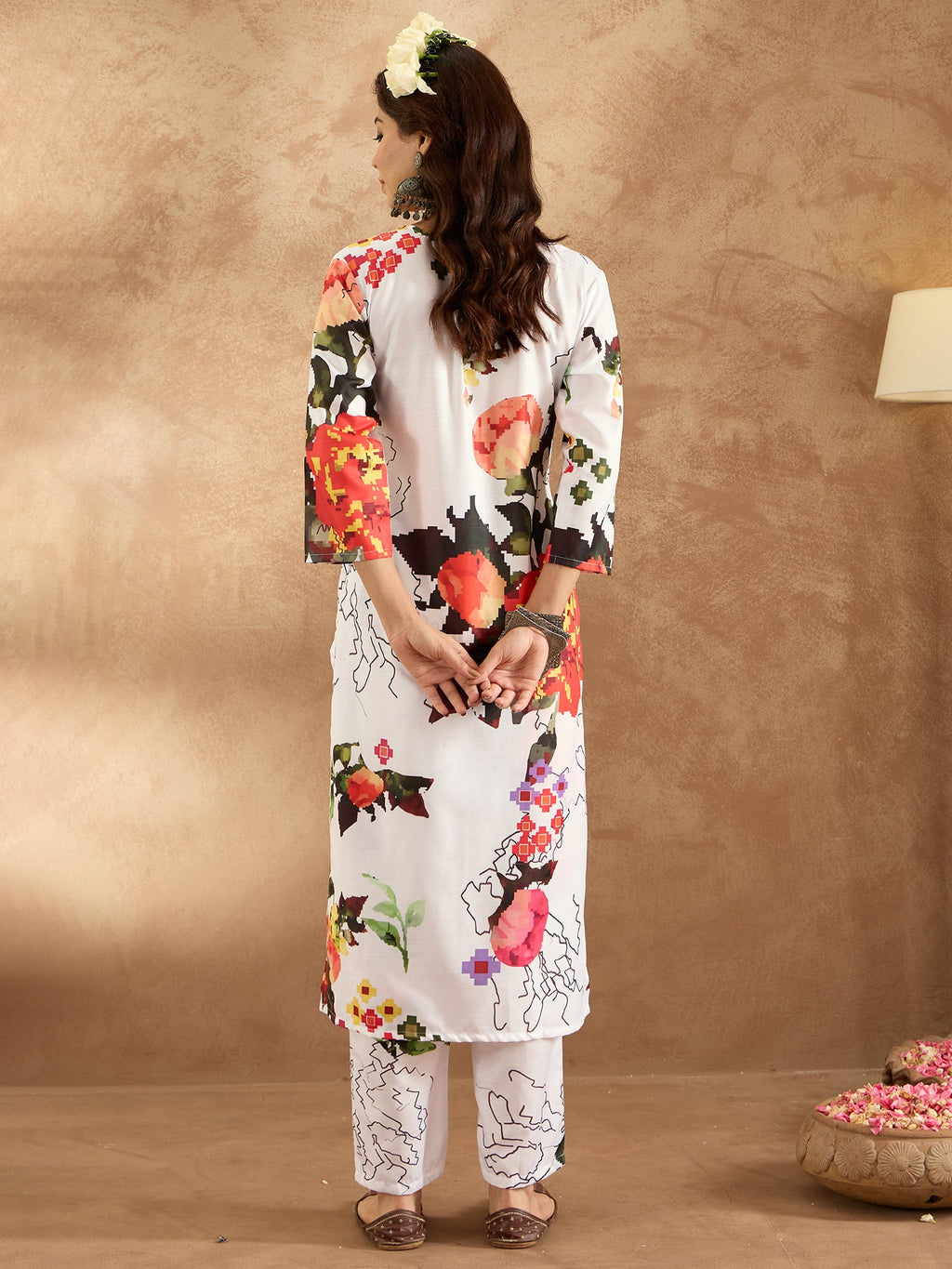Indo Era White Printed Straight Kurta Trousers Set - Distacart