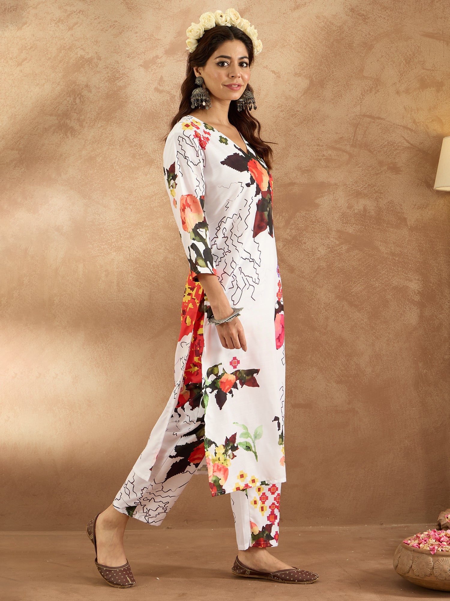 Indo Era White Printed Straight Kurta Trousers Set - Distacart