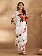 Indo Era White Printed Straight Kurta Trousers Set - Distacart