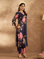 Indo Era Navy Blue Printed Straight Kurta Trousers Set - Distacart