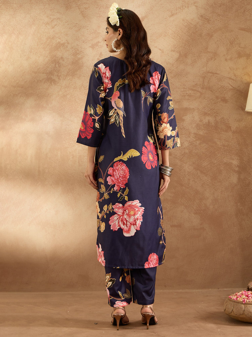 Indo Era Navy Blue Printed Straight Kurta Trousers Set - Distacart