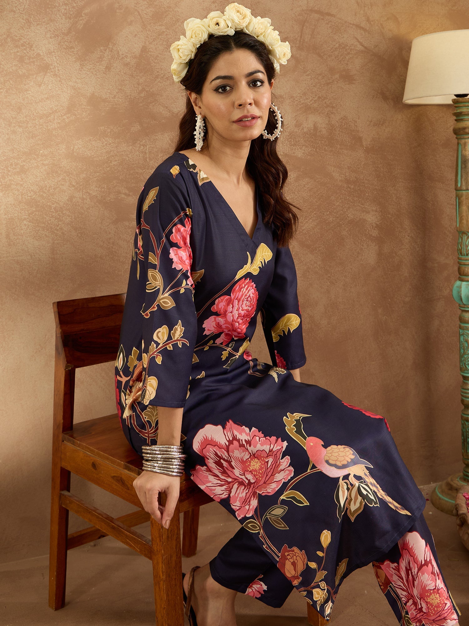 Indo Era Navy Blue Printed Straight Kurta Trousers Set - Distacart