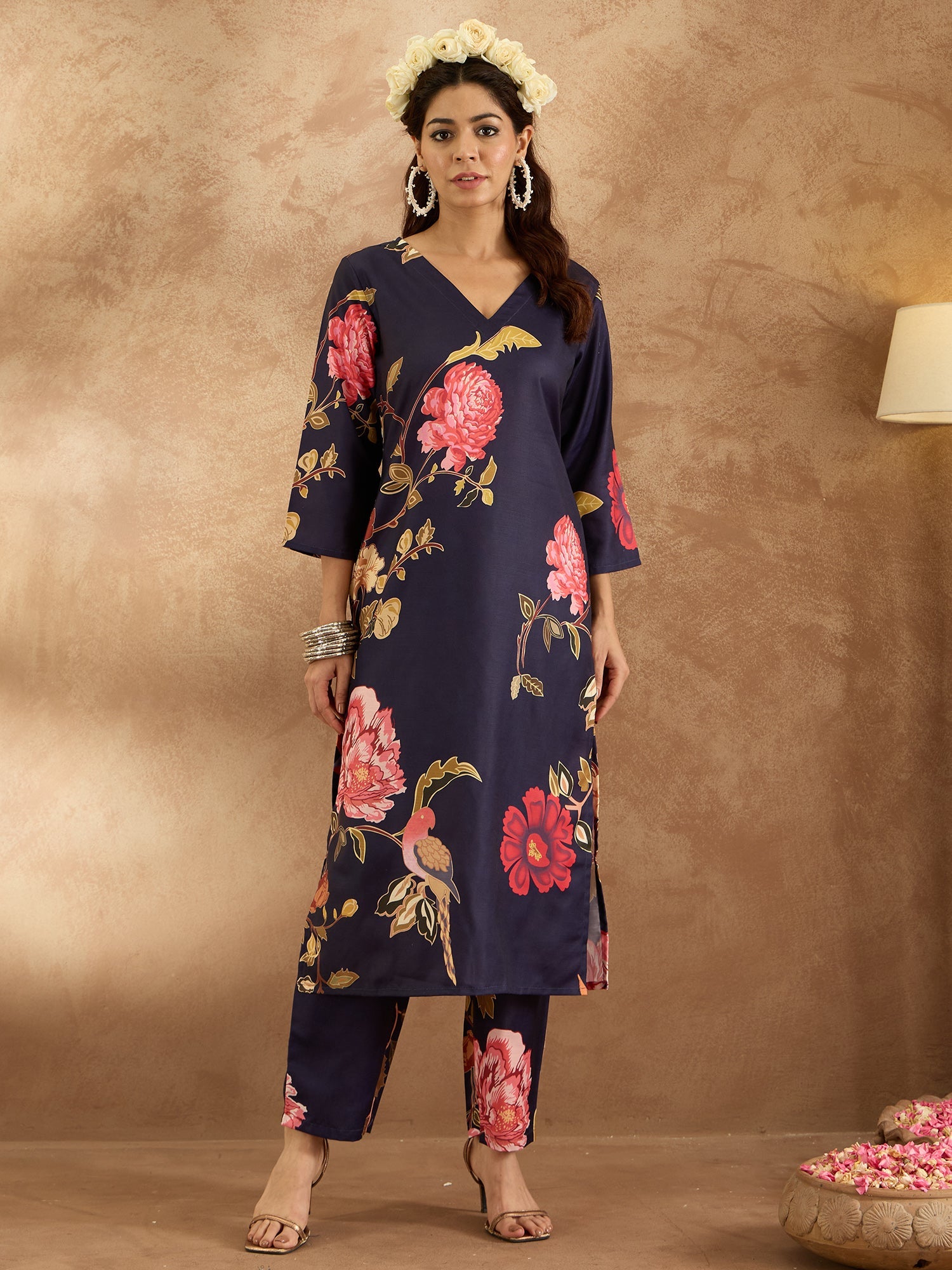 Indo Era Navy Blue Printed Straight Kurta Trousers Set - Distacart