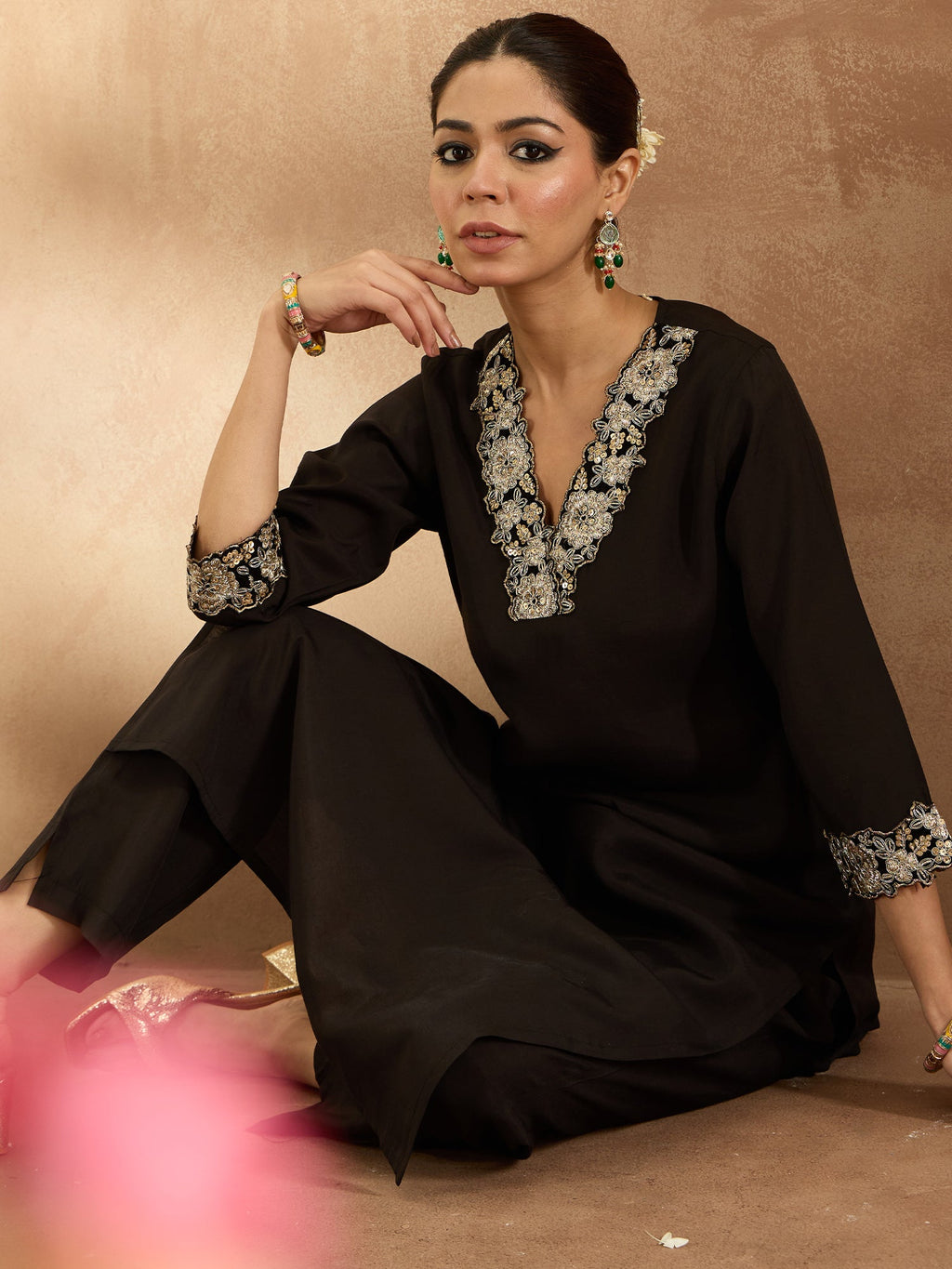 Indo Era Black Embroidered Straight Kurta Trousers Set - Distacart