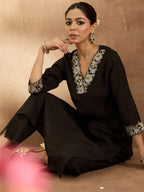 Indo Era Black Embroidered Straight Kurta Trousers Set - Distacart