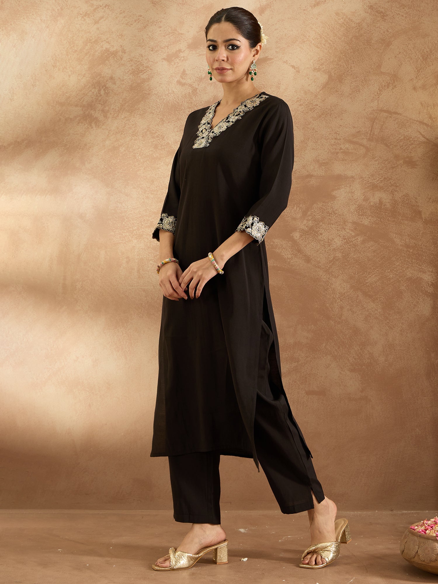 Indo Era Black Embroidered Straight Kurta Trousers Set - Distacart