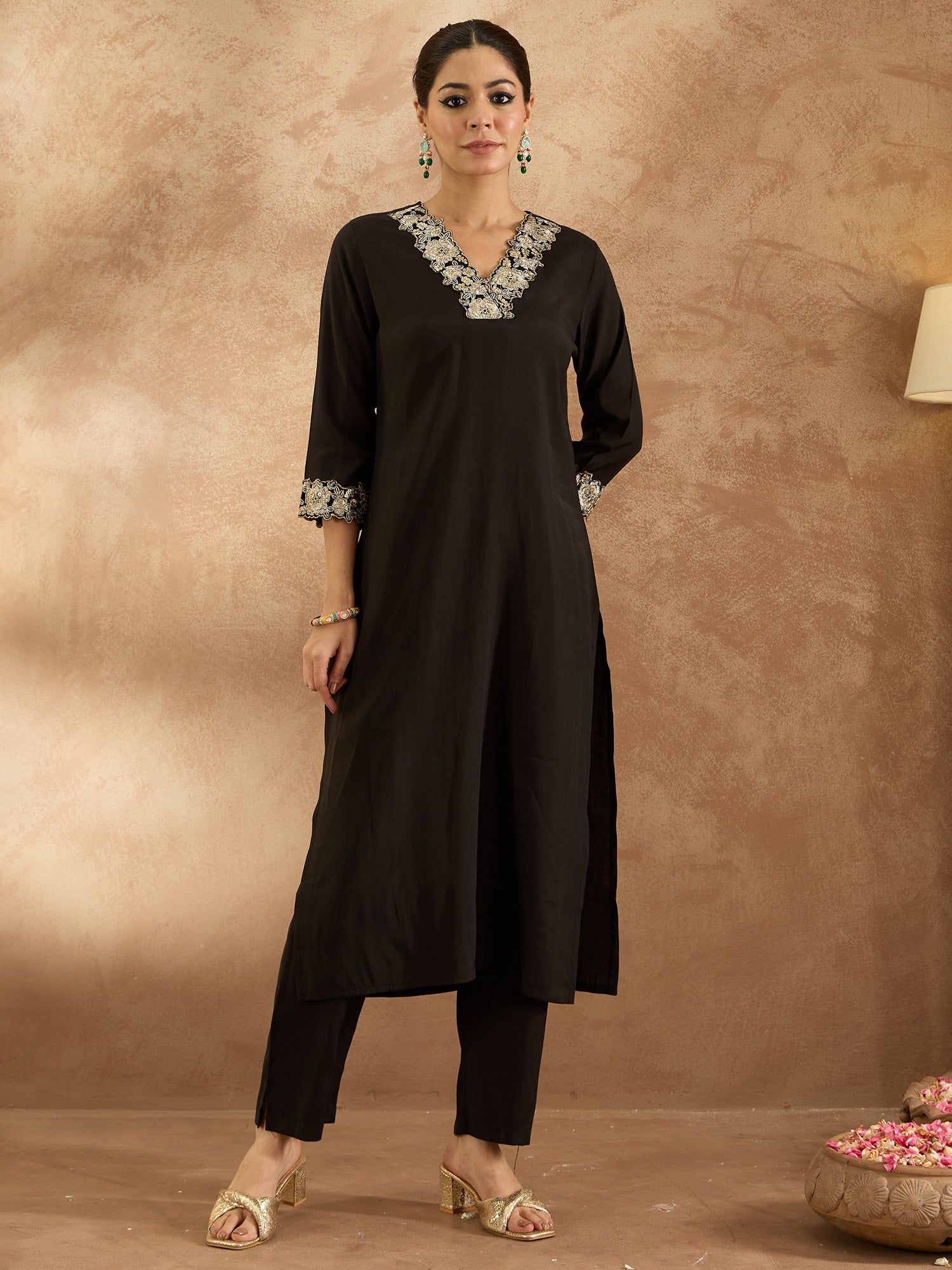 Indo Era Black Embroidered Straight Kurta Trousers Set - Distacart