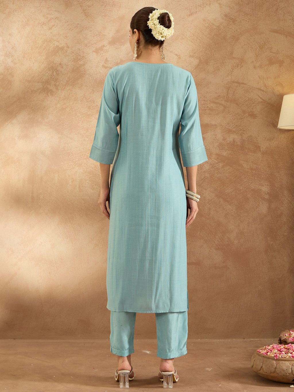 Indo Era Blue Embroidered Straight Kurta Trousers Set - Distacart