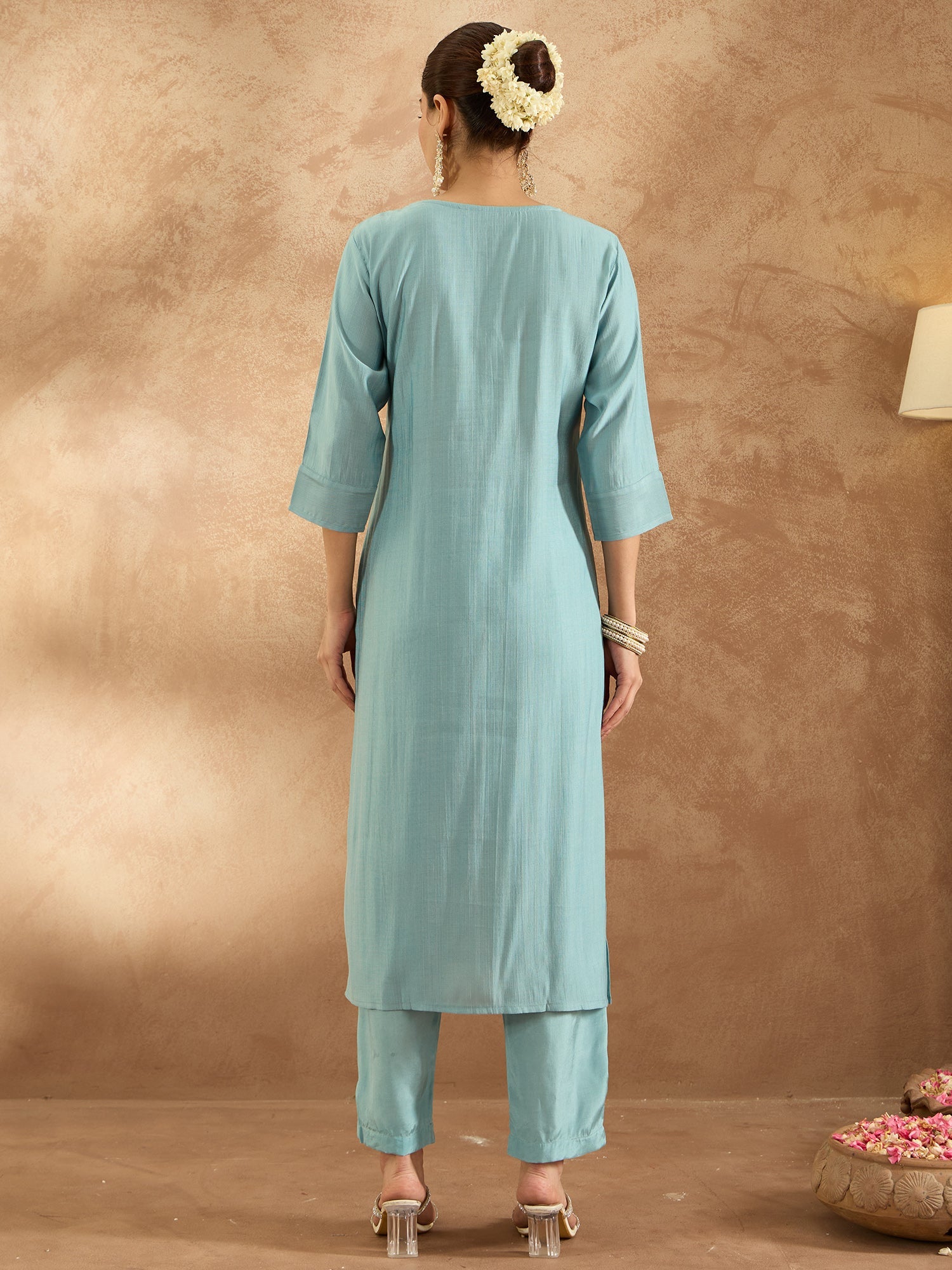Indo Era Blue Embroidered Straight Kurta Trousers Set - Distacart