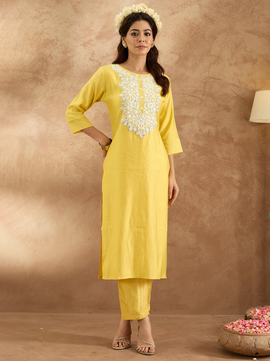 Indo Era Yellow Embroidered Straight Kurta Trousers Set - Distacart