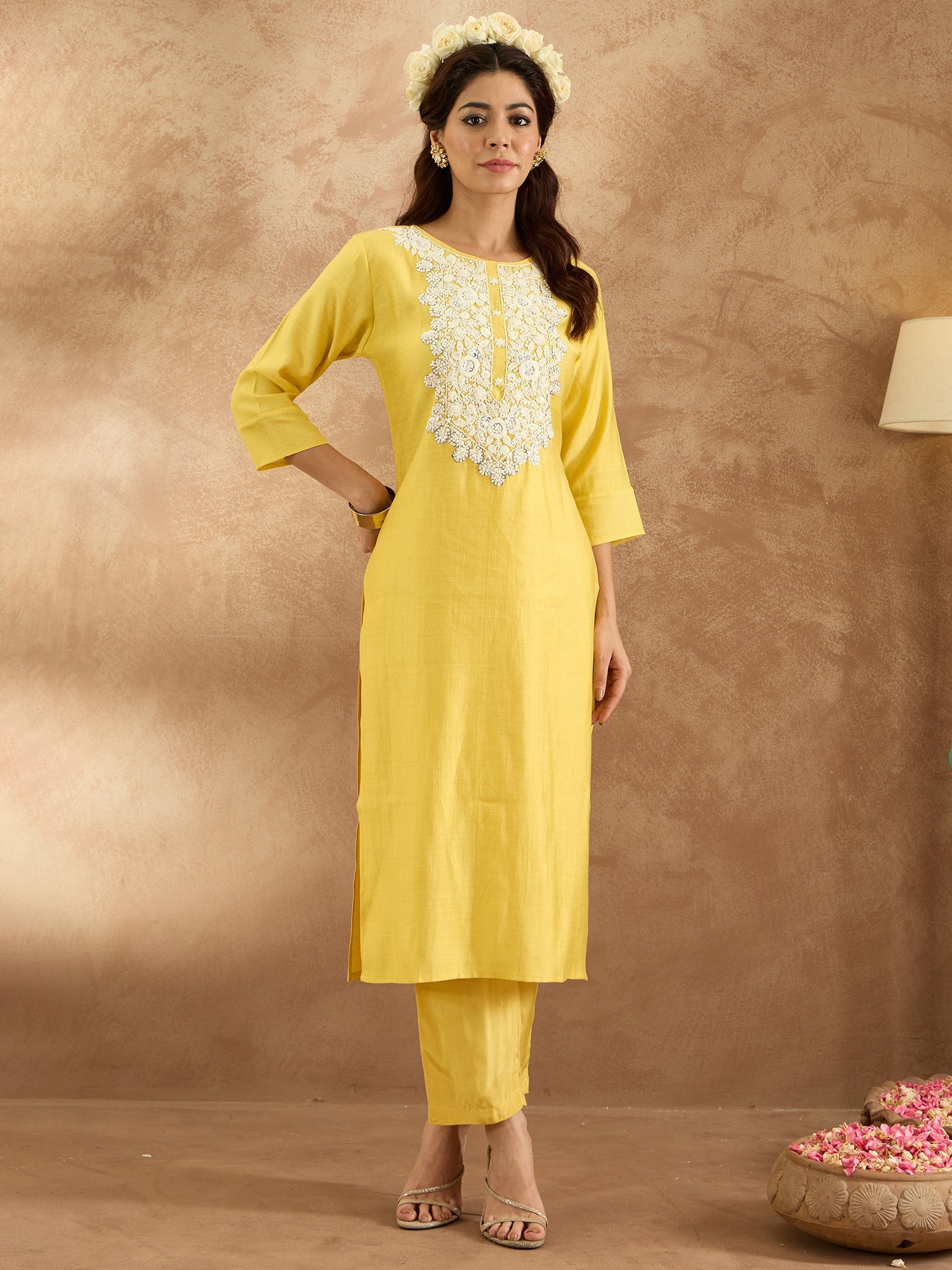 Indo Era Yellow Embroidered Straight Kurta Trousers Set - Distacart