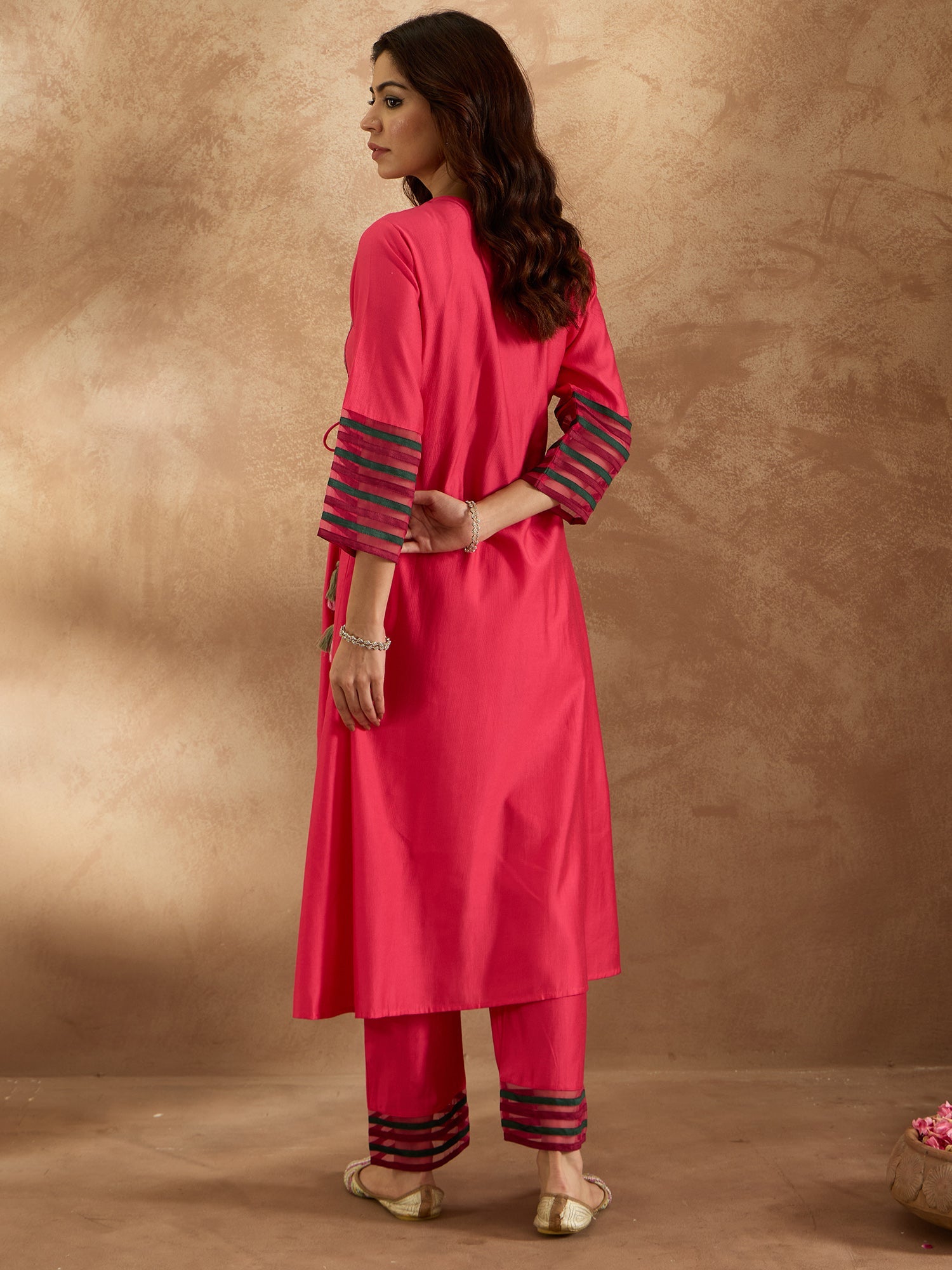 Indo Era Pink Embroidered A-Line Kurta Trousers Set - Distacart