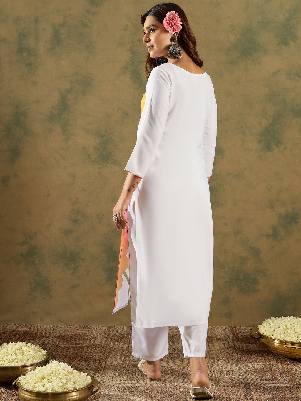 Indo Era White Printed Straight Kurta Trousers Set - Distacart