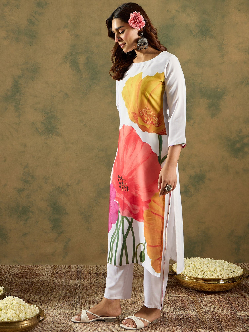 Indo Era White Printed Straight Kurta Trousers Set - Distacart