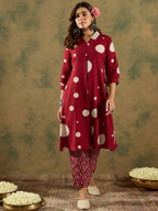 Indo Era Maroon Printed A-Line Kurta Trousers set - Distacart