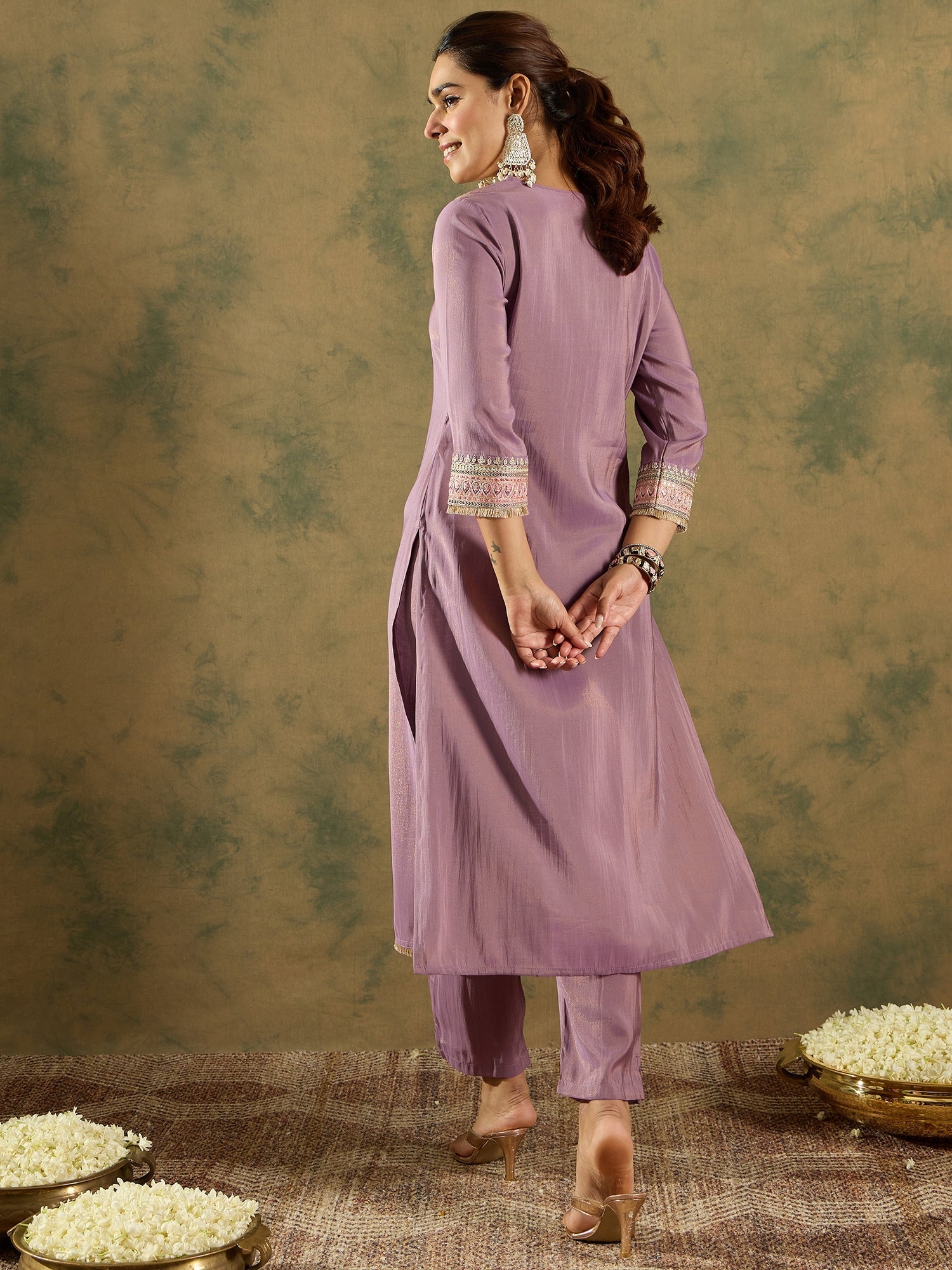 Indo Era Lavender Embroidered Straight Kurta Trousers Set - Distacart