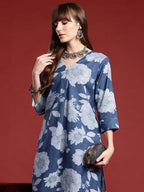 Indo Era Blue Printed A-Line Kurta Trousers set - Distacart