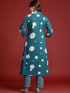 Indo Era Teal Printed A-Line Kurta Trousers set - Distacart