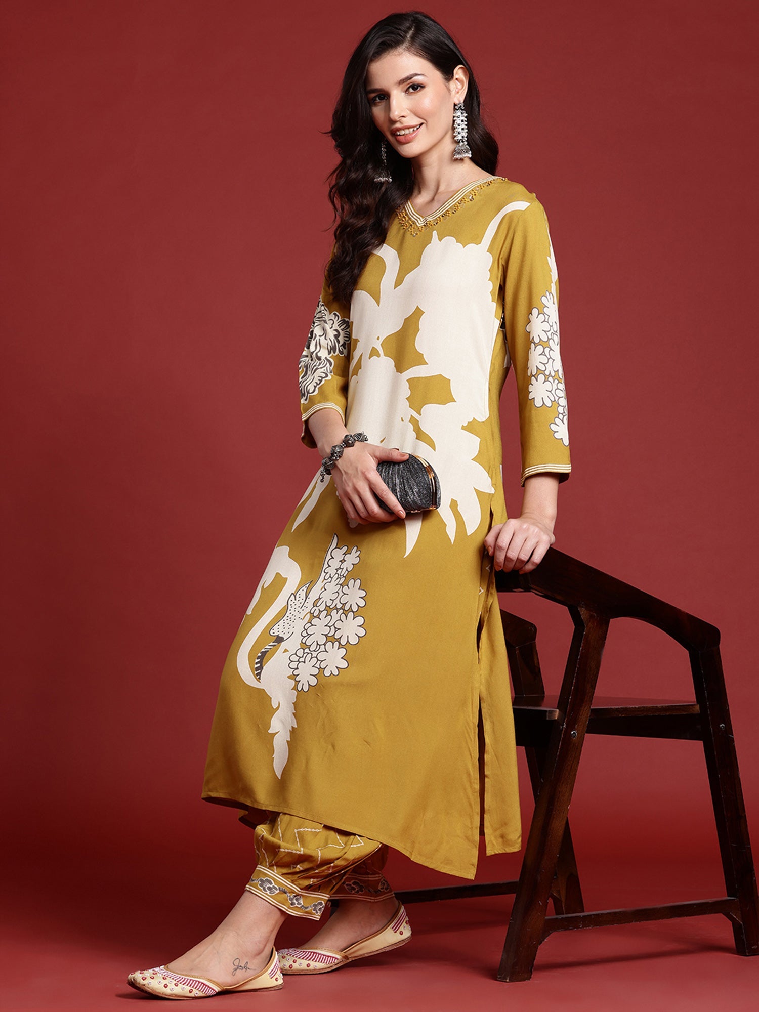 Indo Era Mustard Printed A-Line Kurta Salwar set - Distacart