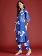 Indo Era Blue Printed Straight Kurta Trousers Set - Distacart