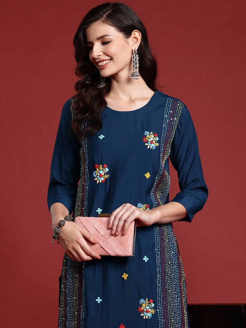 Indo Era Blue Embroidered Straight Kurta Trousers set - Distacart