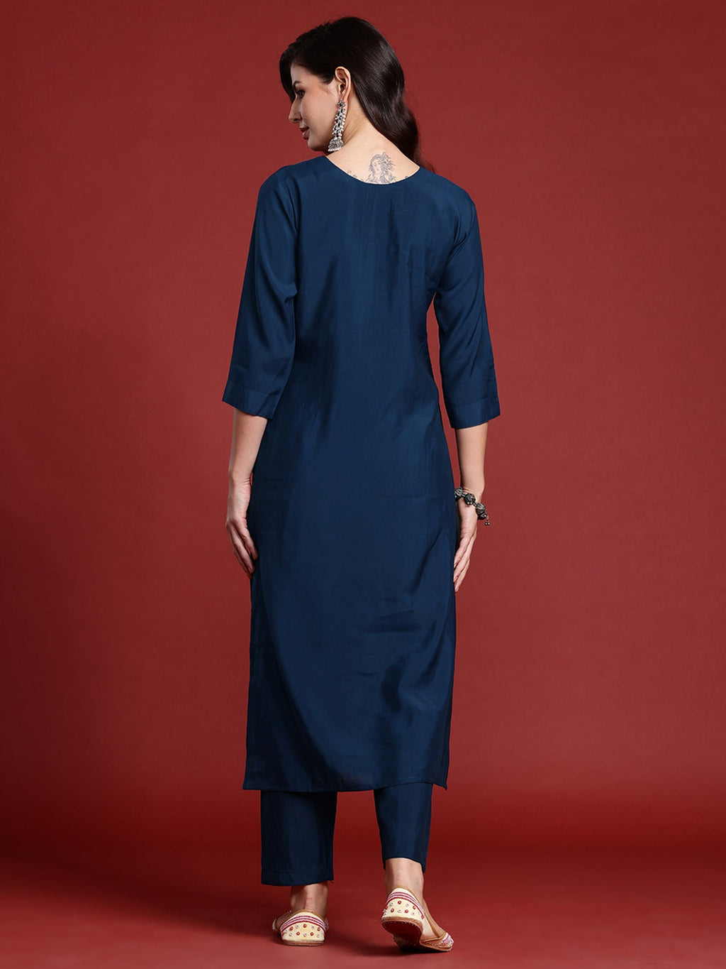 Indo Era Blue Embroidered Straight Kurta Trousers set - Distacart