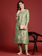 Indo Era Green Embroidered Straight Kurta Trousers set - Distacart