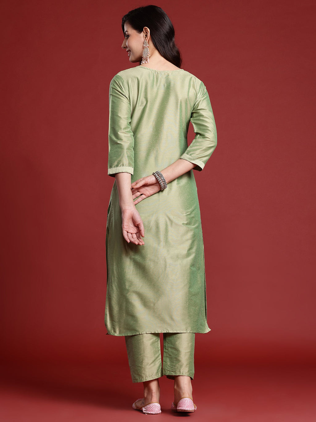 Indo Era Green Embroidered Straight Kurta Trousers set - Distacart