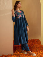 Indo Era Teal Embroidered A-Line Kurta Trousers Set - Distacart