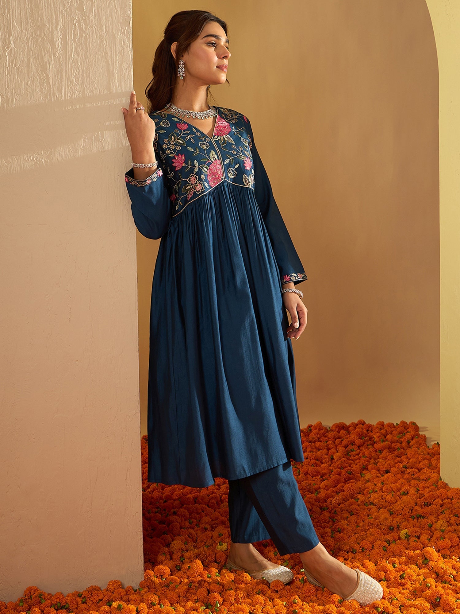 Indo Era Teal Embroidered A-Line Kurta Trousers Set - Distacart