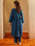 Indo Era Teal Embroidered A-Line Kurta Trousers Set - Distacart