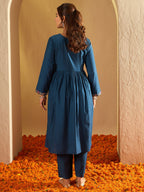 Indo Era Teal Embroidered A-Line Kurta Trousers Set - Distacart