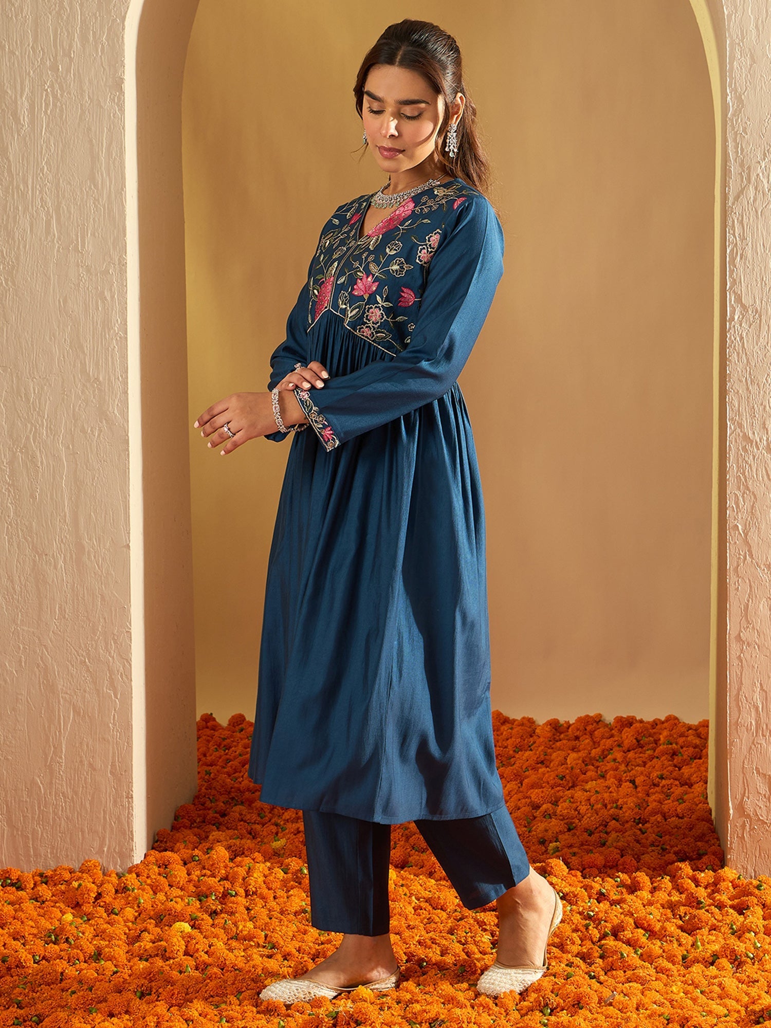 Indo Era Teal Embroidered A-Line Kurta Trousers Set - Distacart