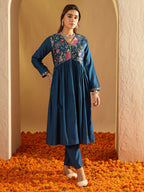 Indo Era Teal Embroidered A-Line Kurta Trousers Set - Distacart