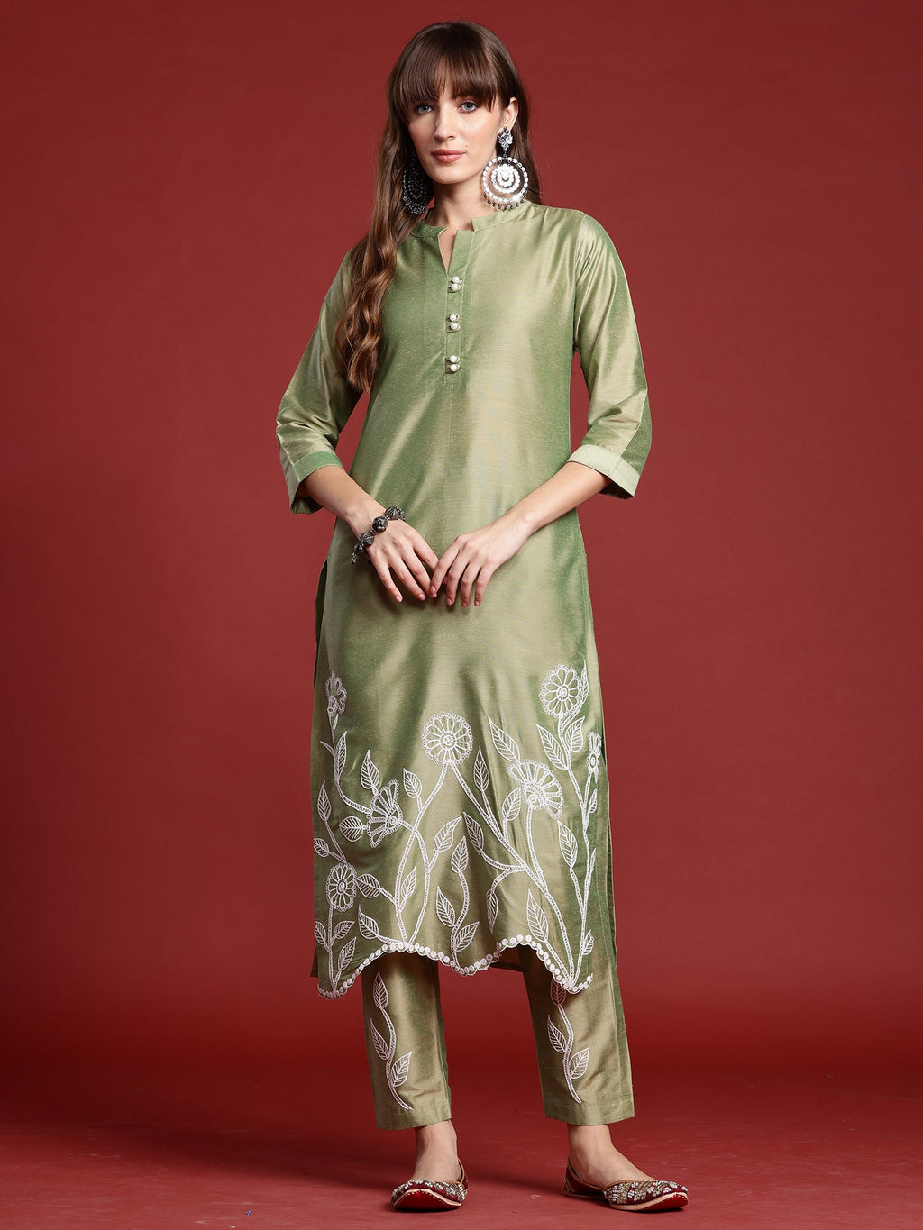 Indo Era Green Embroidered Straight Kurta Trousers set - Distacart
