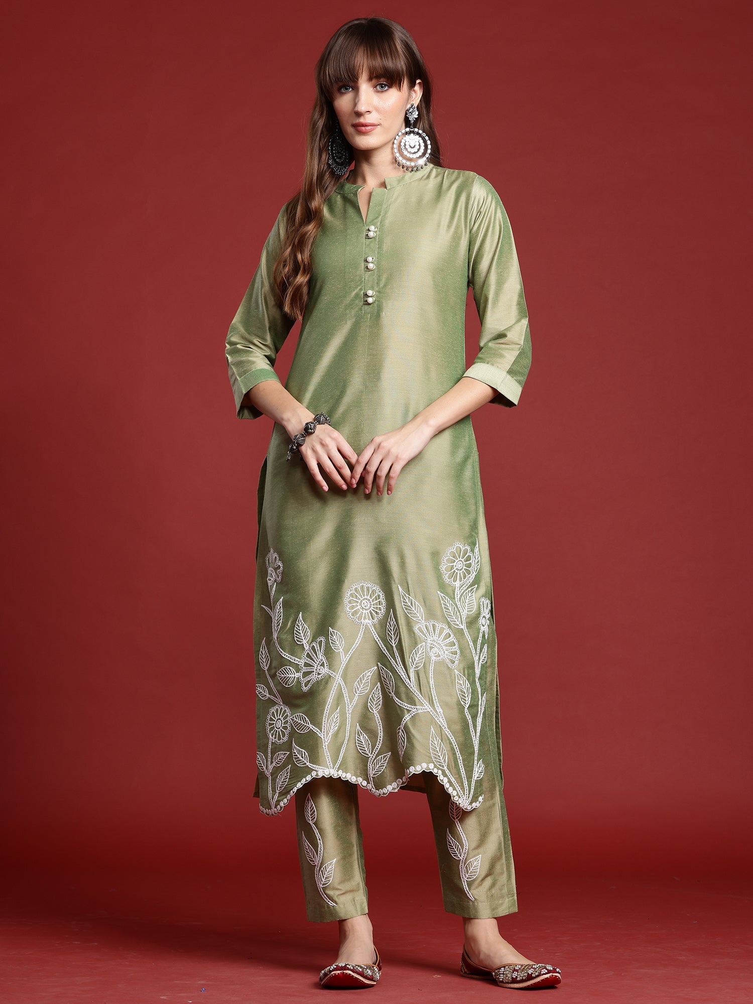 Indo Era Green Embroidered Straight Kurta Trousers set - Distacart