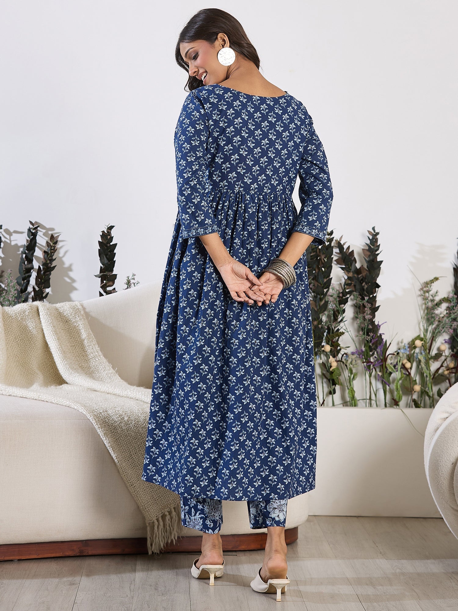 Indo Era Blue Printed A-Line Kurta Trousers set - Distacart