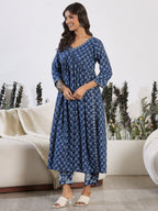 Indo Era Blue Printed A-Line Kurta Trousers set - Distacart