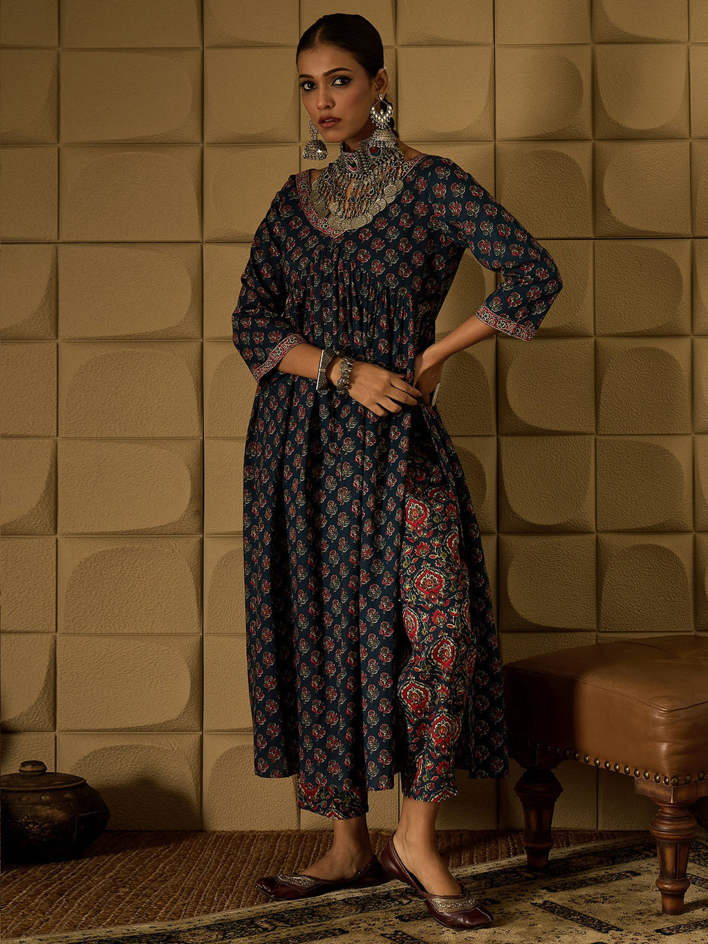 Indo Era Teal Printed A-Line Kurta Trousers set - Distacart