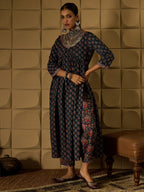 Indo Era Teal Printed A-Line Kurta Trousers set - Distacart