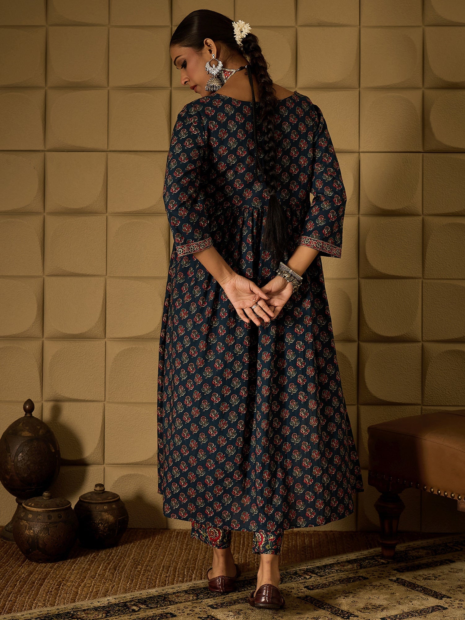 Indo Era Teal Printed A-Line Kurta Trousers set - Distacart